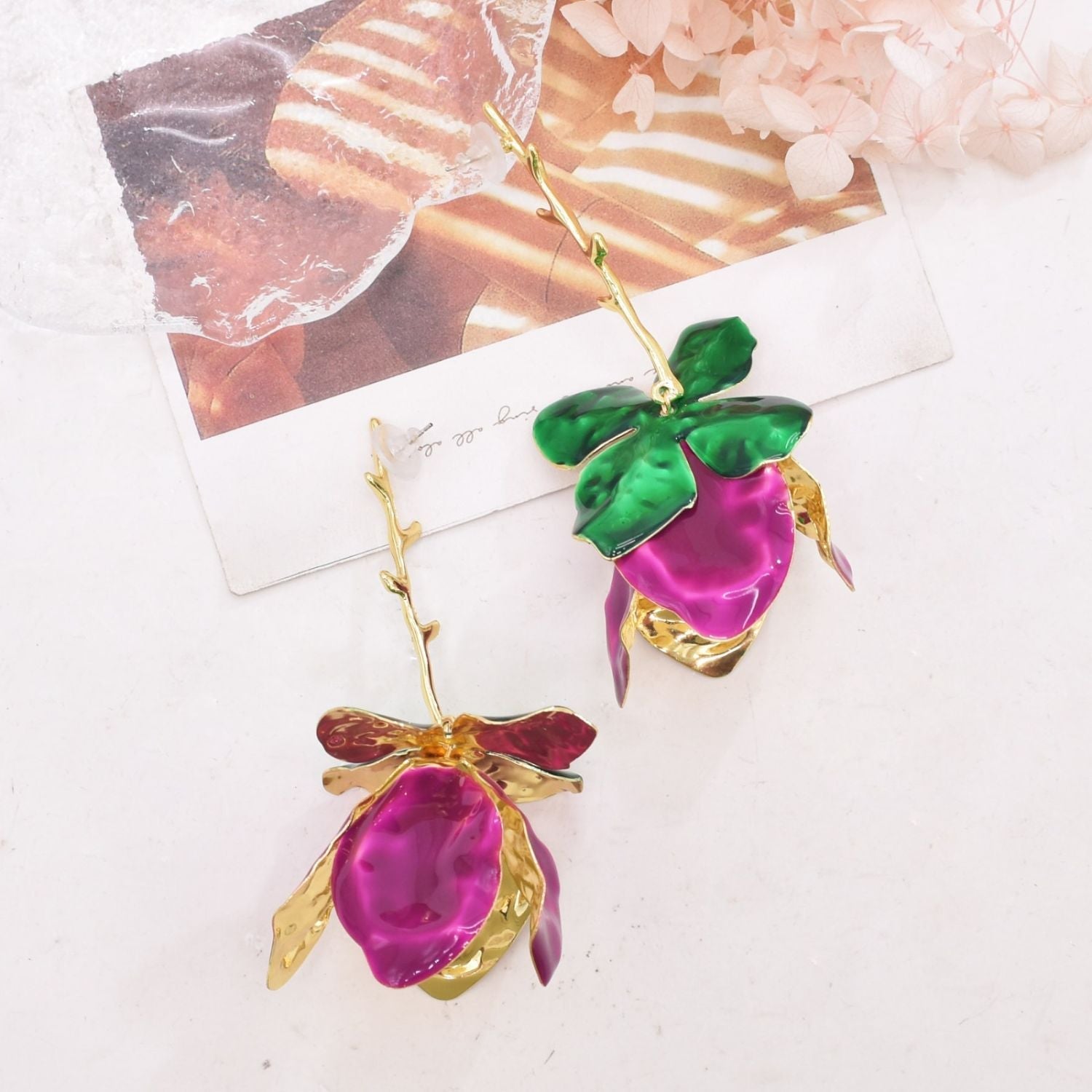 Tulip Flower Leaf 18K Gold Pink Green Tassel Dangler Earring Bulk
