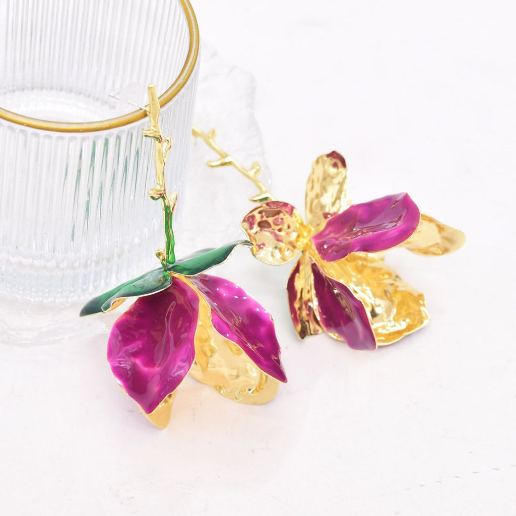 Tulip Flower Leaf 18K Gold Pink Green Tassel Dangler Earring Bulk