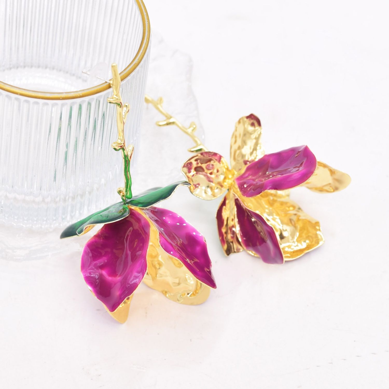 Tulip Flower Leaf 18K Gold Pink Green Tassel Dangler Earring Bulk