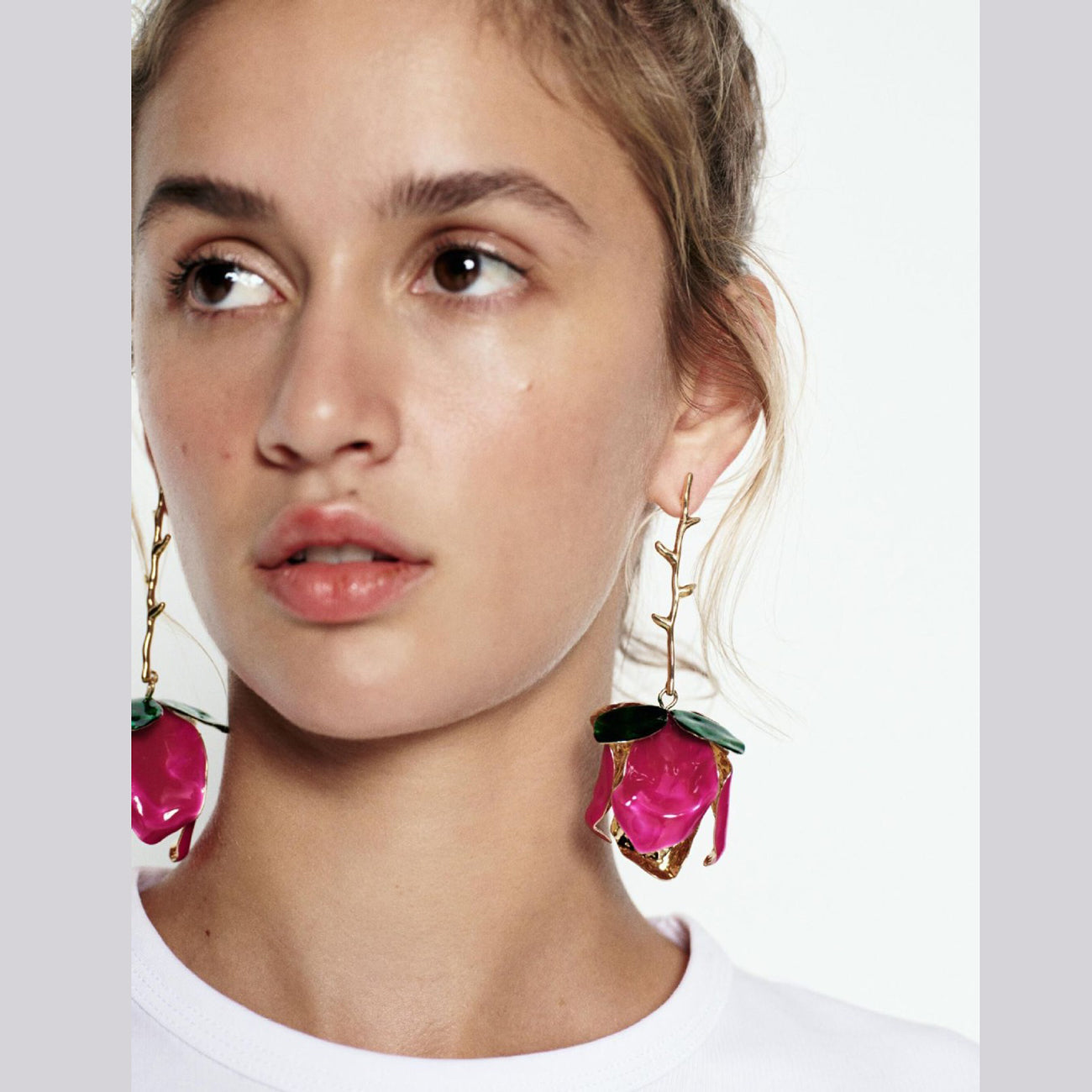 Tulip Flower Leaf 18K Gold Pink Green Tassel Dangler Earring Bulk Secondary image