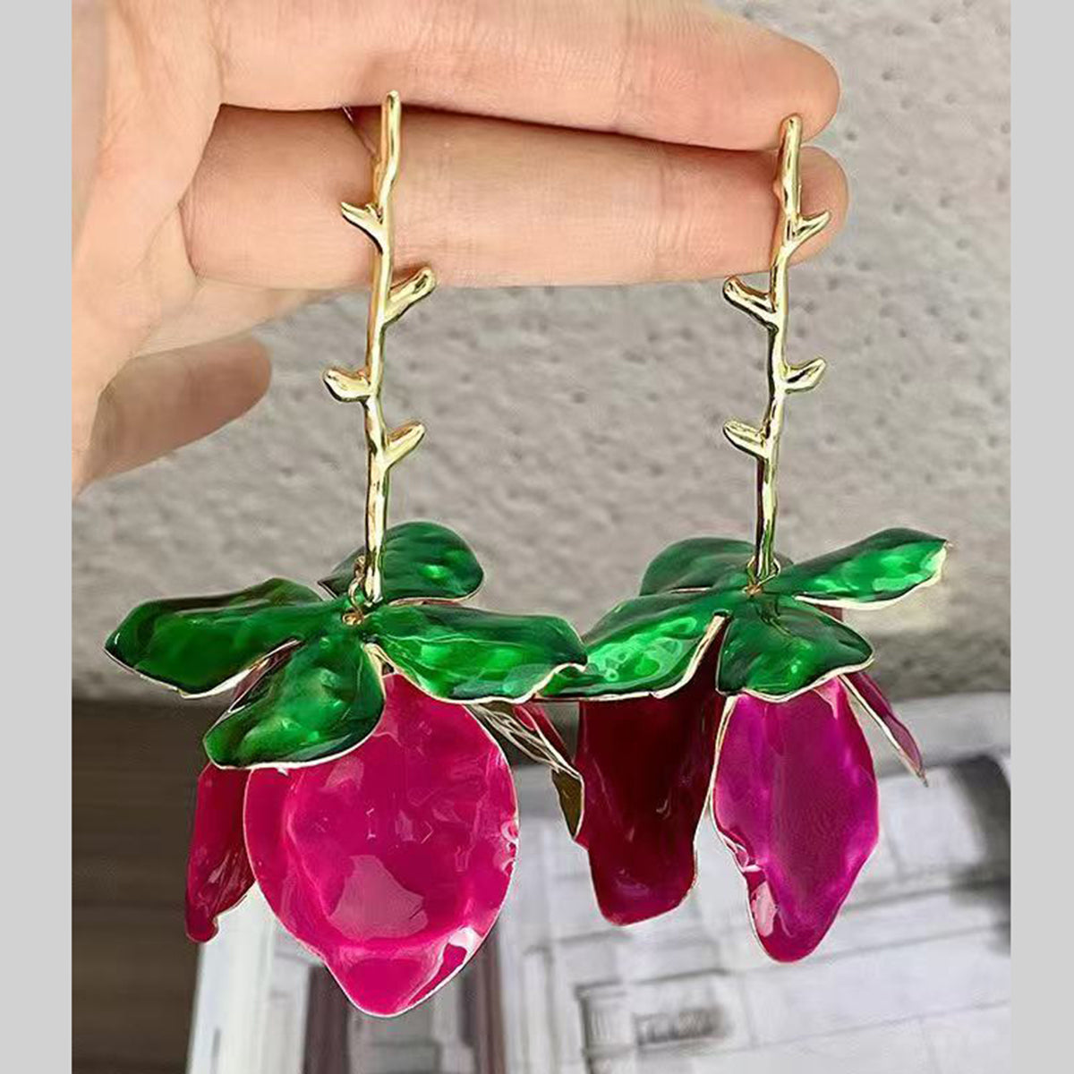 Tulip Flower Leaf 18K Gold Pink Green Tassel Dangler Earring Bulk