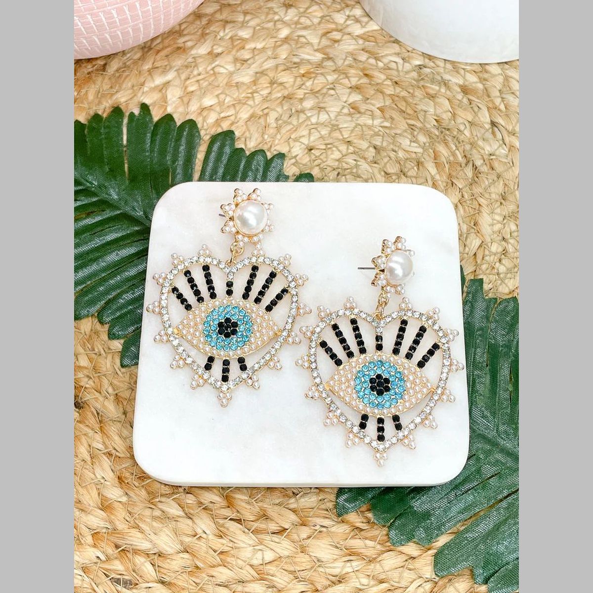 Heart Evil Eye CZ Pearl 18K Gold Black Dangler Earring Bulk Main image