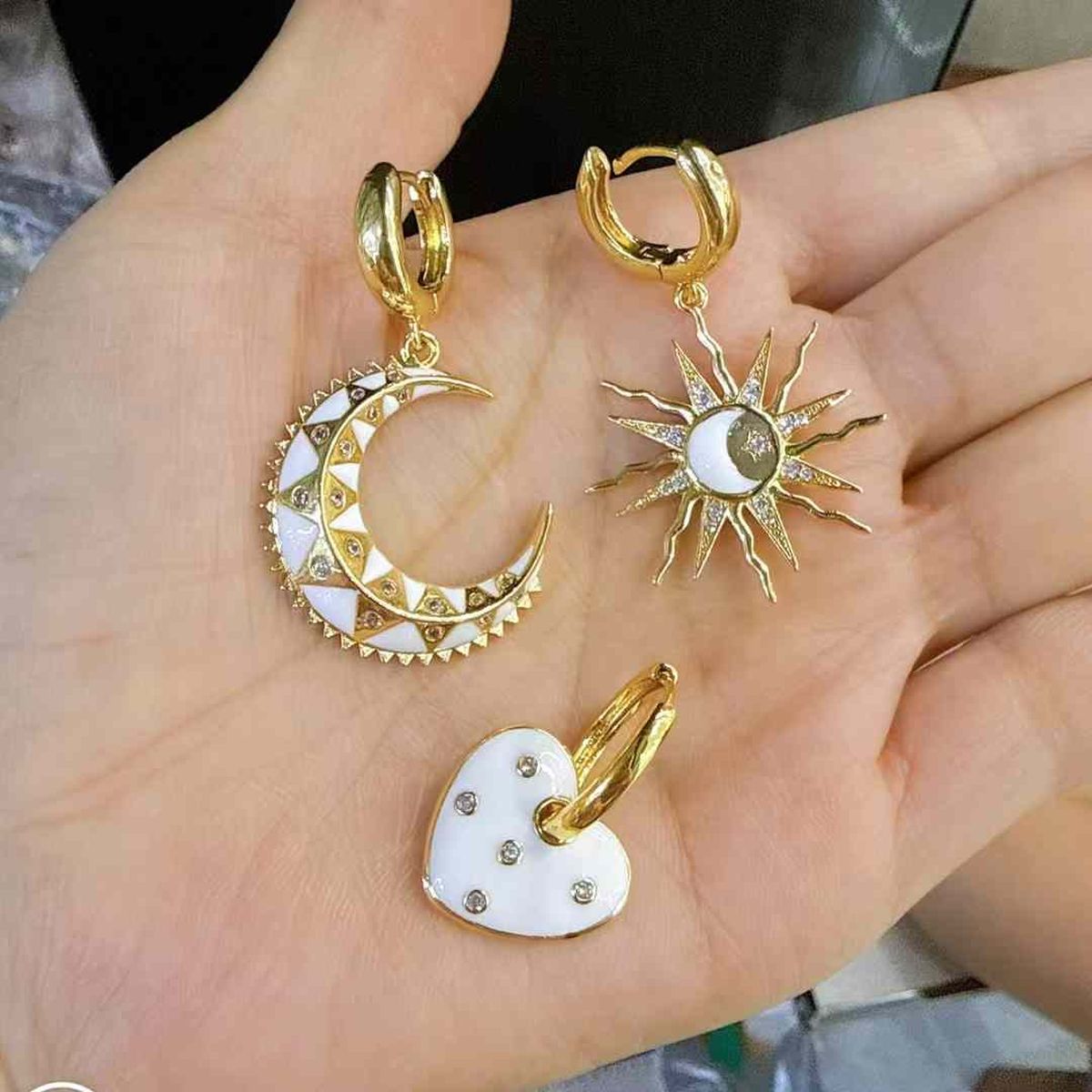 Crescent Moon CZ Enamel Gold Anti Tarnish Hoop Dangler Earring Bulk