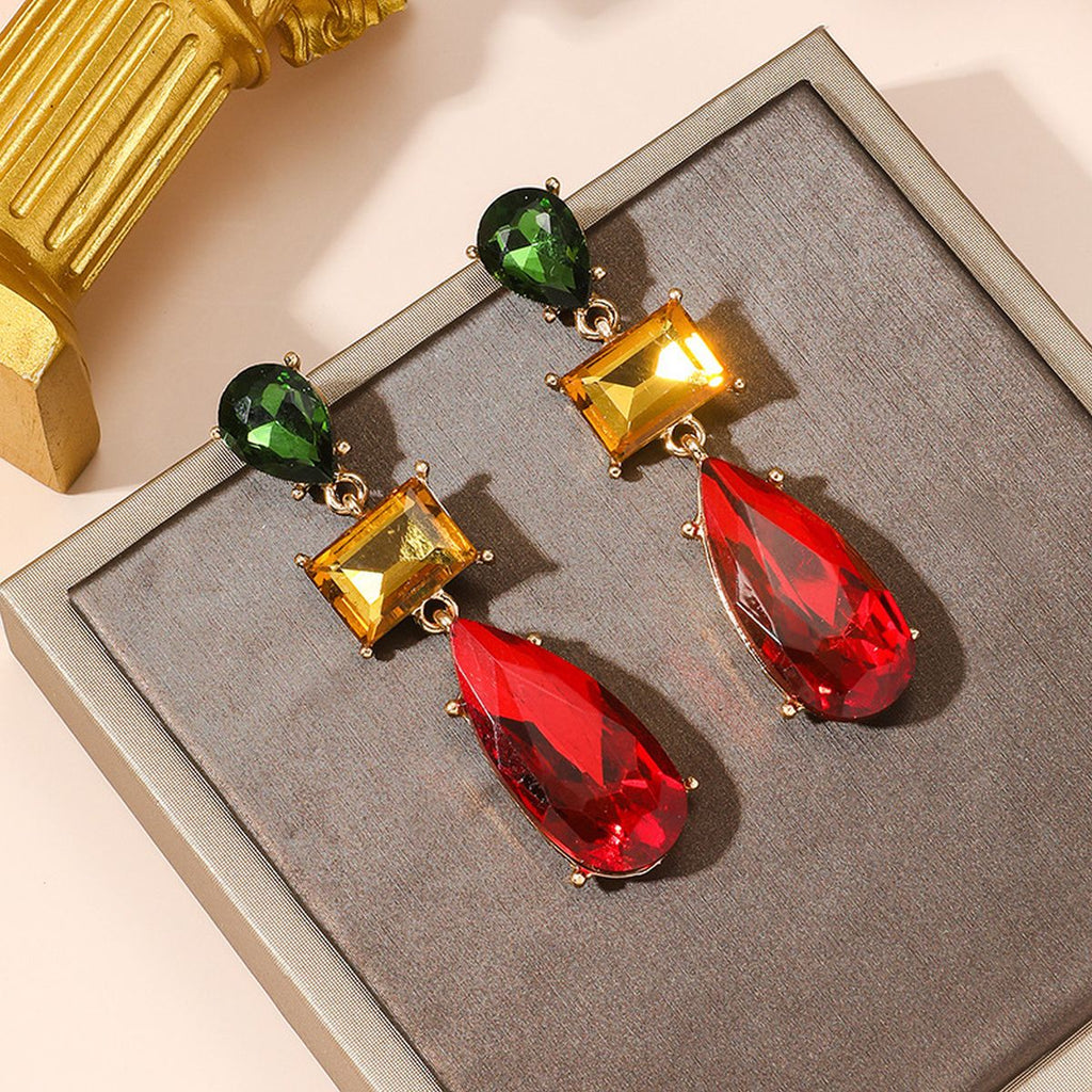 Drop Rectangle Ruby Crystal Red Green 18K Gold Dangler Earring Bulk