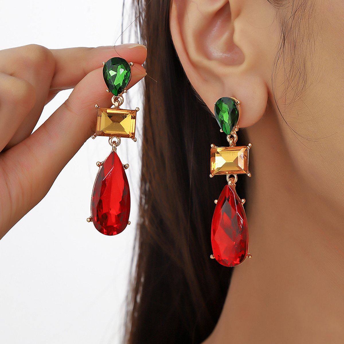 Drop Rectangle Ruby Crystal Red Green 18K Gold Dangler Earring Bulk Secondary image