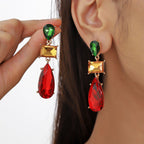 Drop Rectangle Ruby Crystal Red Green 18K Gold Dangler Earring Bulk