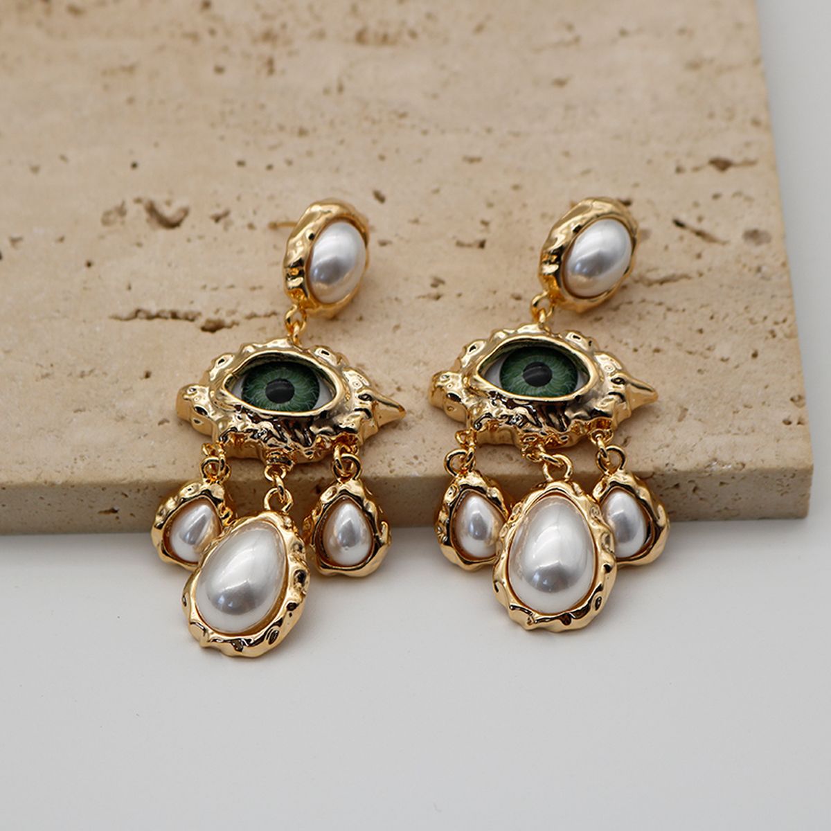 Evil Eye Pearl 18K Gold White Green Chandelier Dangler Earring Bulk Main image