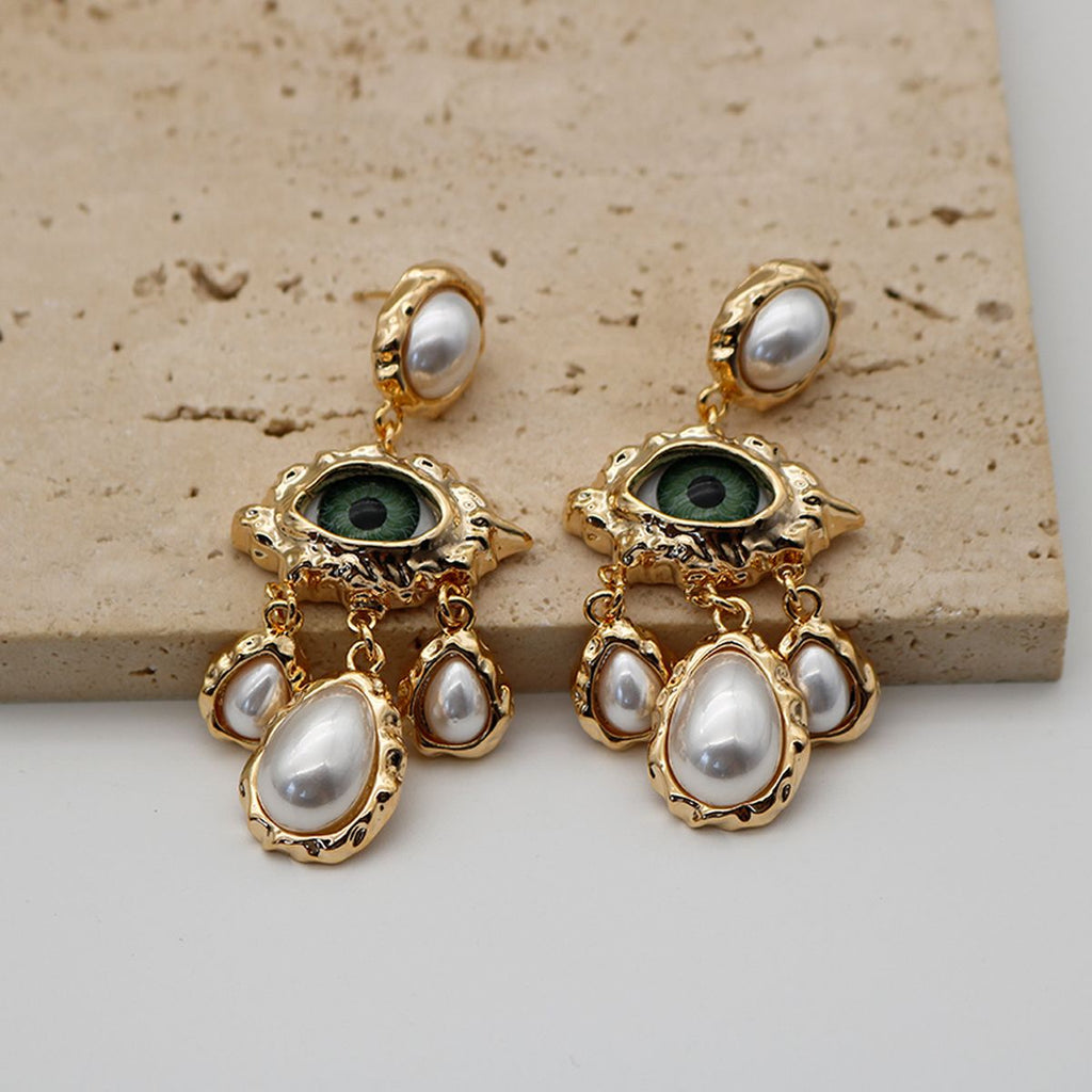 Evil Eye Pearl 18K Gold White Green Chandelier Dangler Earring Bulk