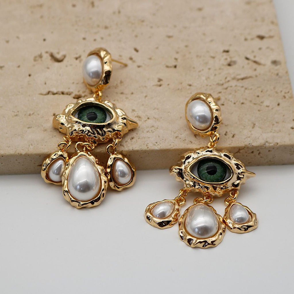 Evil Eye Pearl 18K Gold White Green Chandelier Dangler Earring Bulk