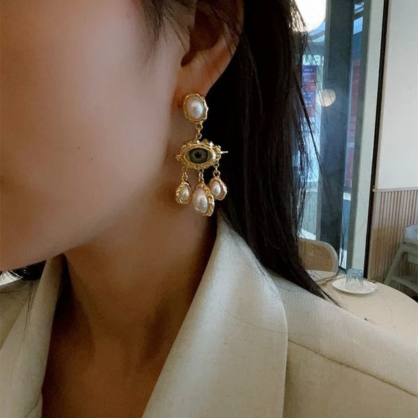 Evil Eye Pearl 18K Gold White Green Chandelier Dangler Earring Bulk Secondary image