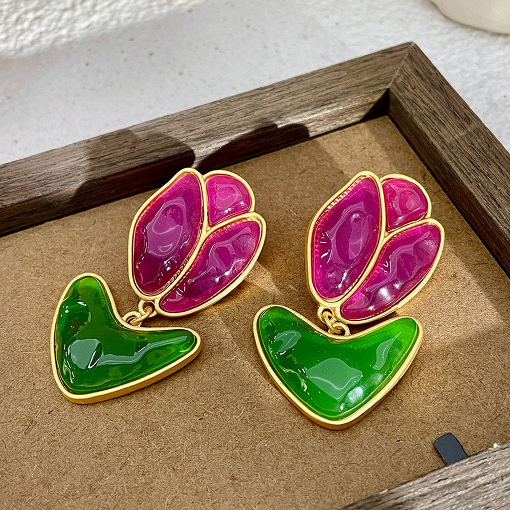 Rose Flower Acrylic 18K Gold Pink Green Dangler Earring For Women