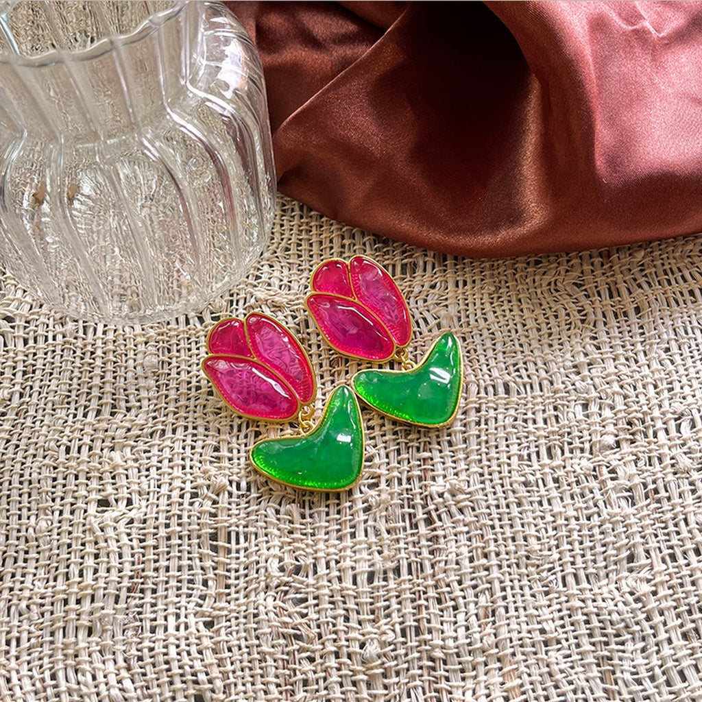 Rose Flower Acrylic 18K Gold Pink Green Dangler Earring For Women