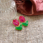 Rose Flower Acrylic 18K Gold Pink Green Dangler Earring For Women