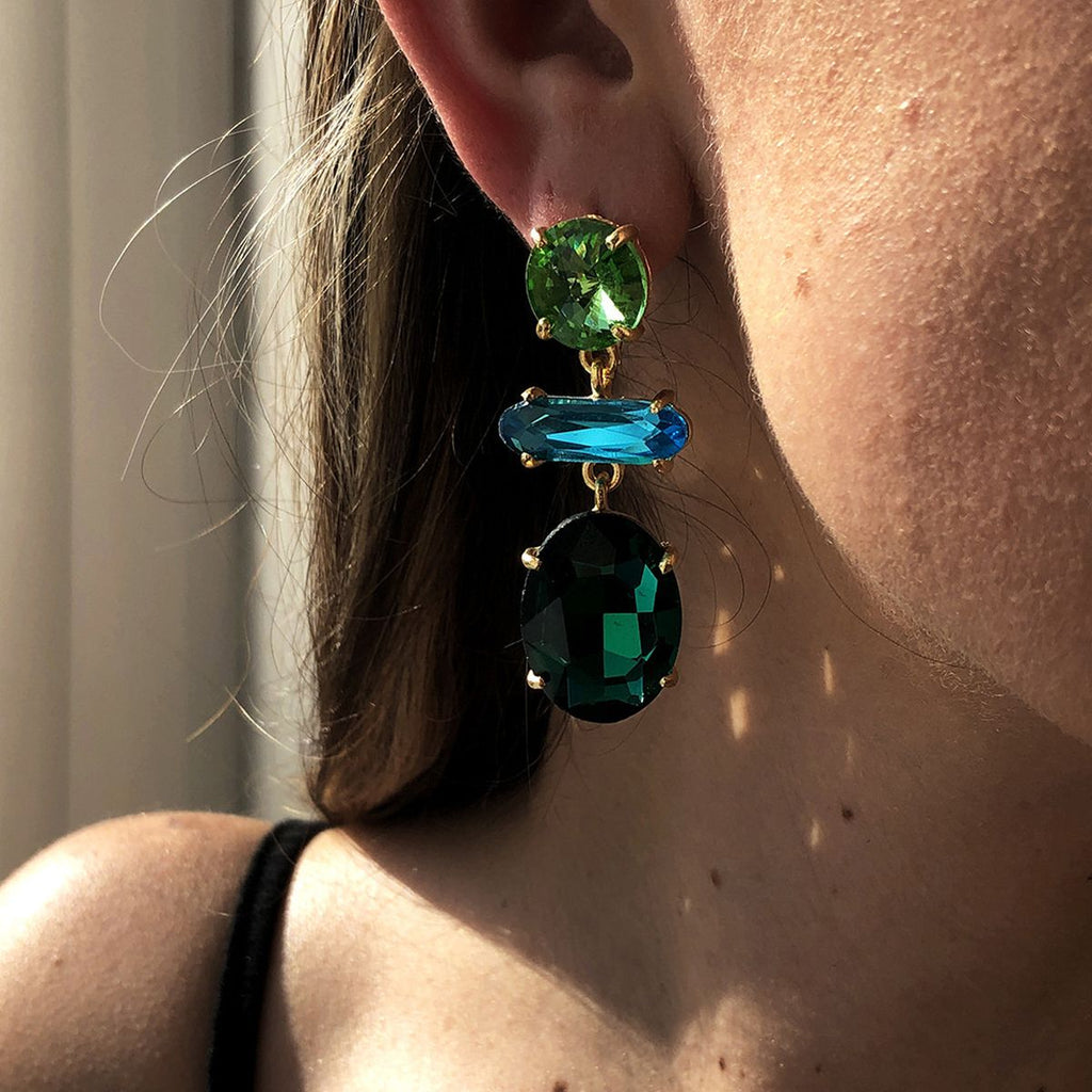 Oval Crystal Green Blue 18K Gold Big Drop Dangler Earring Women Bulk