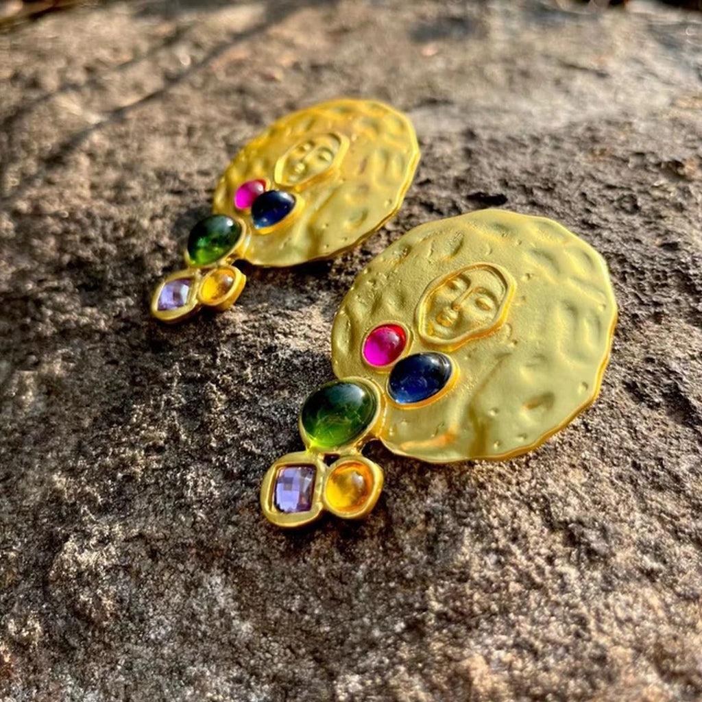 Beaten Finish Face Crystal 18K Gold Multi Stud Earring For Women Bulk
