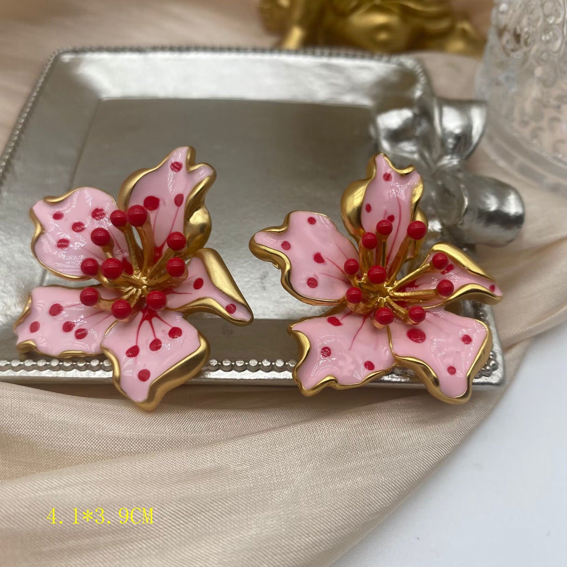 Pink Red Flower Gold Plated Enamel Alloy Stud Earrings For Women Bulk Secondary image