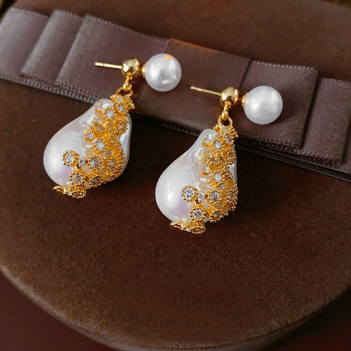 Freshwater Baroque Cubic Zirconia Pearl 18K Gold White Anti Tarnish Drop Dangler Earring For Women Main image
