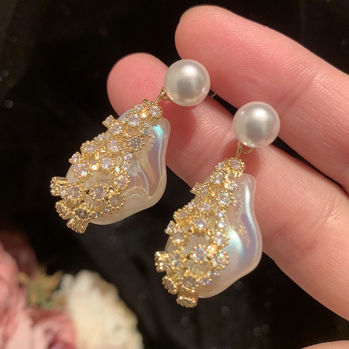 Freshwater Baroque Cubic Zirconia Pearl 18K Gold White Anti Tarnish Drop Dangler Earring For Women