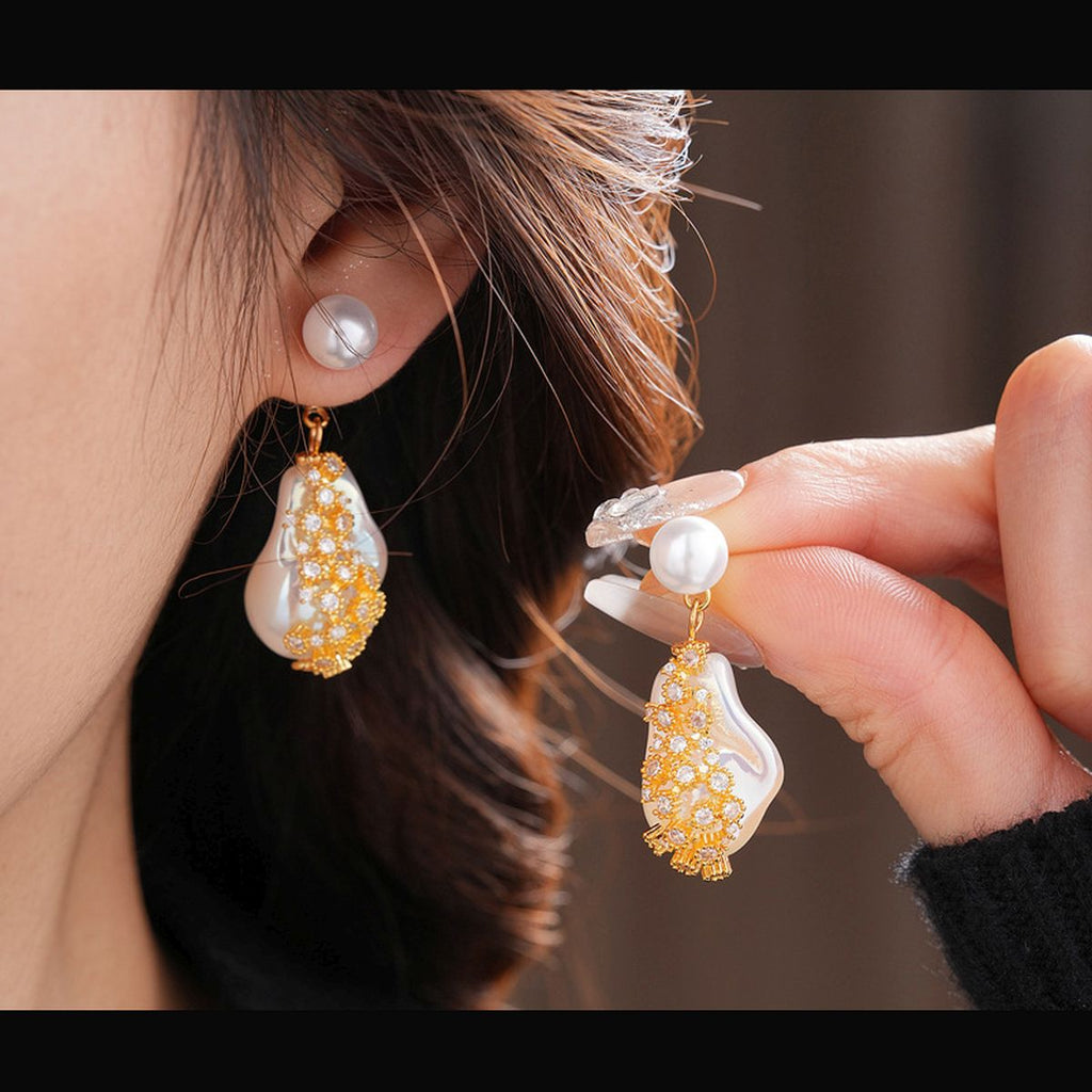 Freshwater Baroque Cubic Zirconia Pearl 18K Gold White Anti Tarnish Drop Dangler Earring For Women