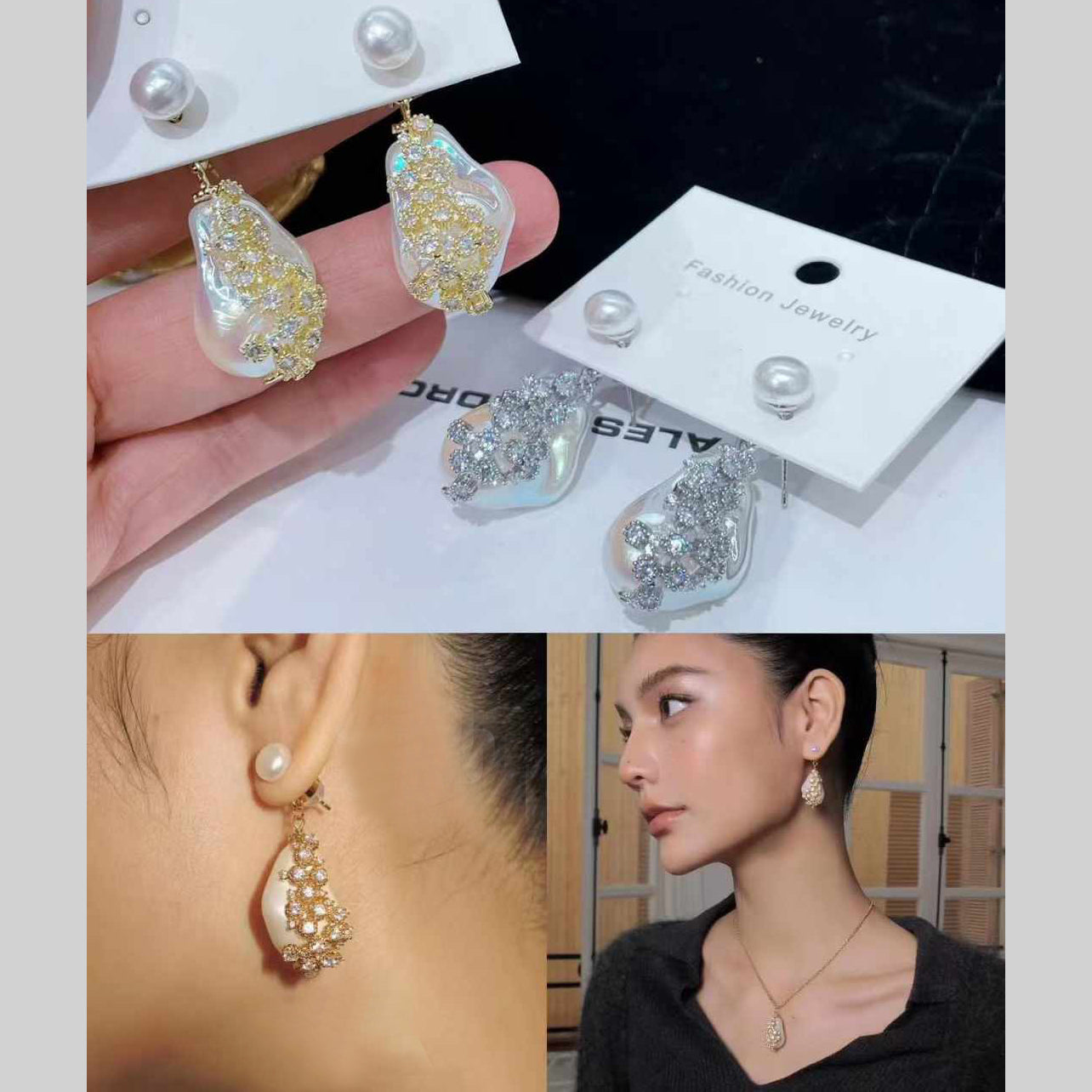 Freshwater Baroque Cubic Zirconia Pearl 18K Gold White Anti Tarnish Drop Dangler Earring For Women