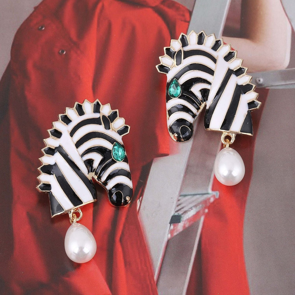 Zebra Face Pearl Crystal 18K Gold Black White Dangler Earring Bulk