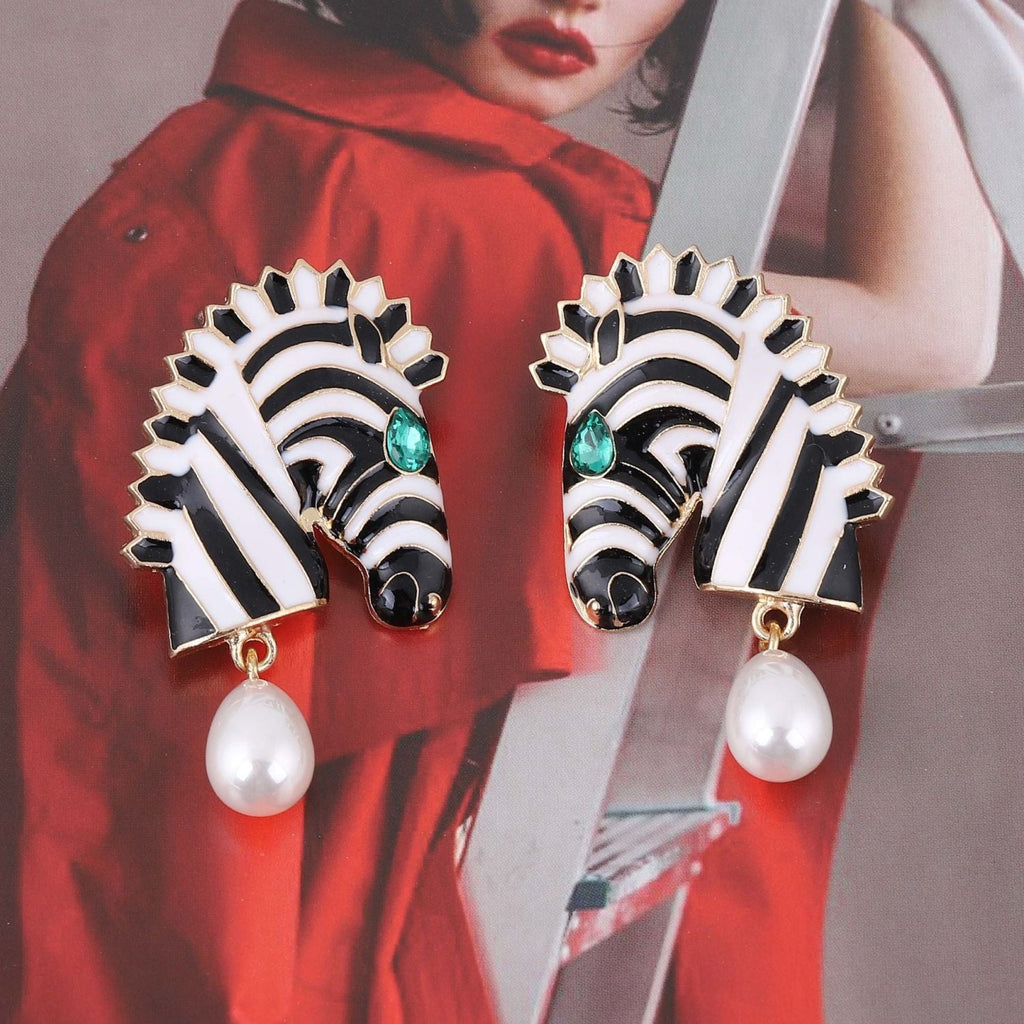 Zebra Face Pearl Crystal 18K Gold Black White Dangler Earring Bulk