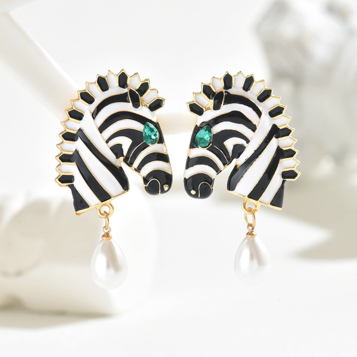 Zebra Face Pearl Crystal 18K Gold Black White Dangler Earring Bulk