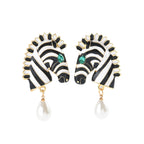 Zebra Face Pearl Crystal 18K Gold Black White Dangler Earring Bulk