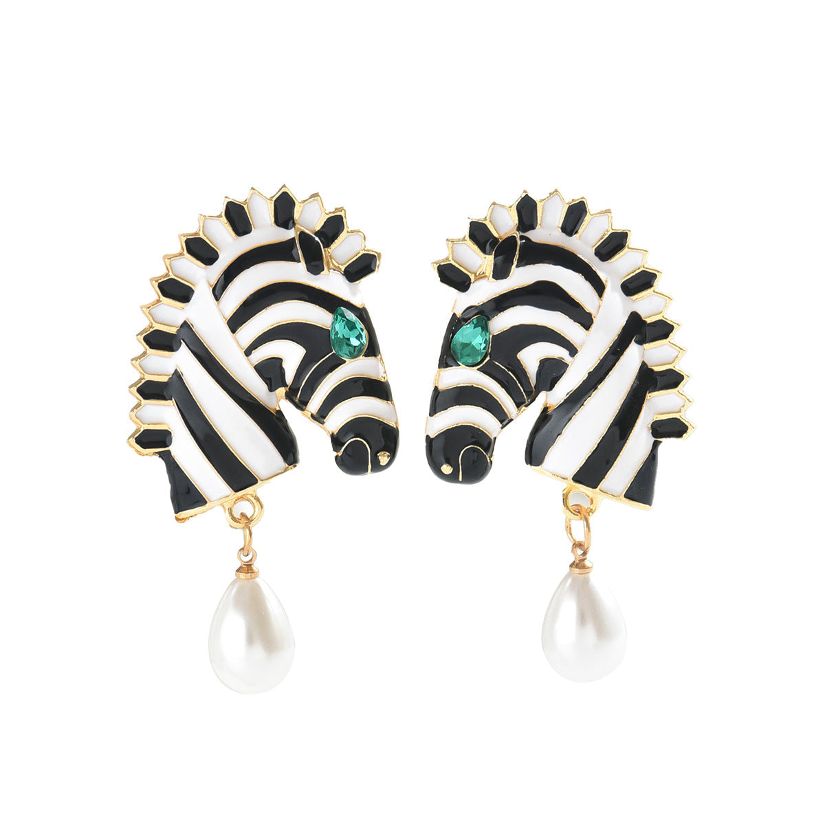 Zebra Face Pearl Crystal 18K Gold Black White Dangler Earring Bulk