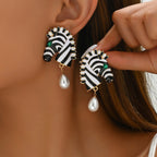 Zebra Face Pearl Crystal 18K Gold Black White Dangler Earring Bulk
