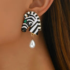Zebra Face Pearl Crystal 18K Gold Black White Dangler Earring Bulk