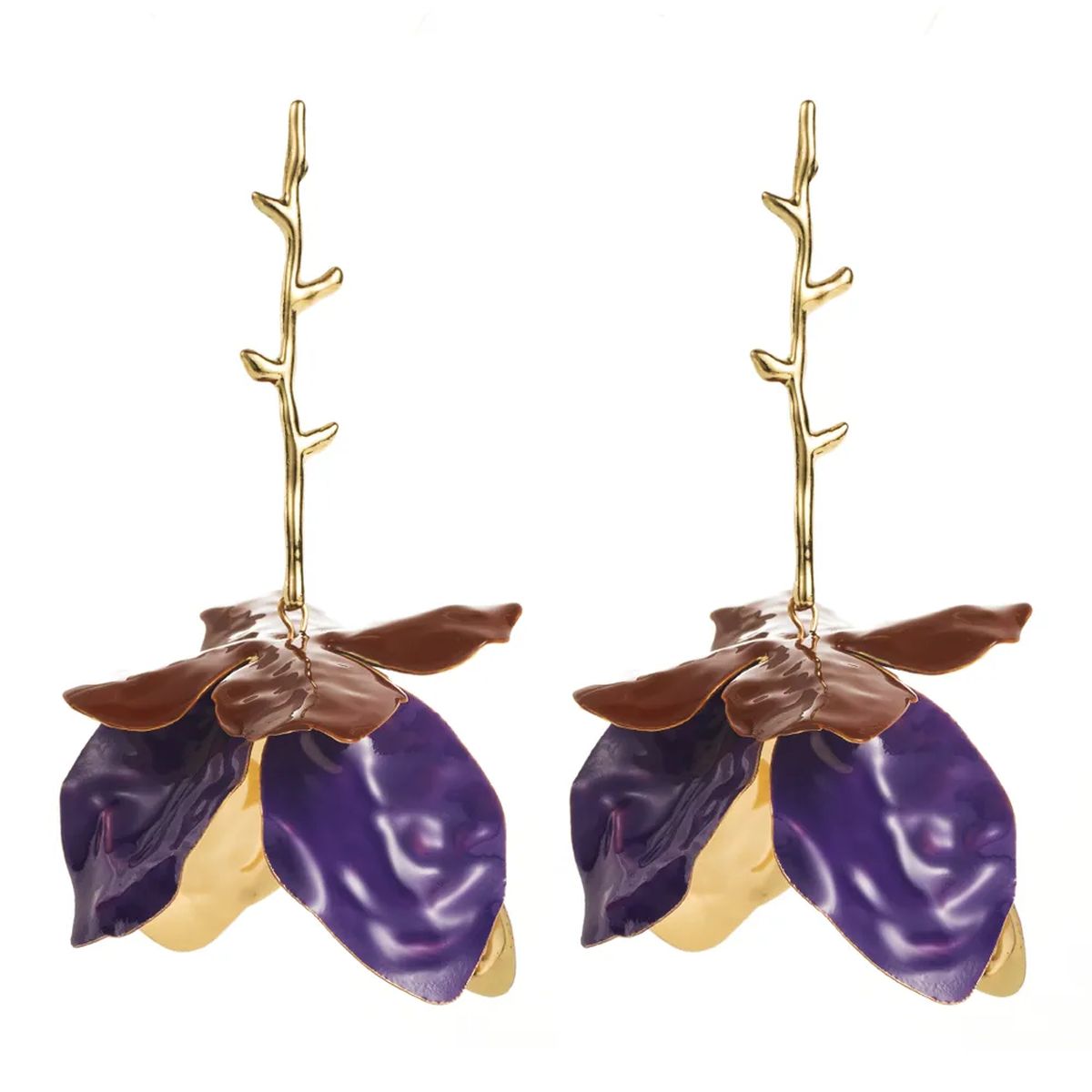 Tulip Flower Leaf 18K Gold Pink Green Tassel Dangler Earring Bulk