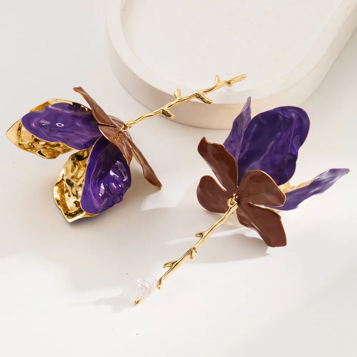 Tulip Flower Leaf 18K Gold Pink Green Tassel Dangler Earring Bulk