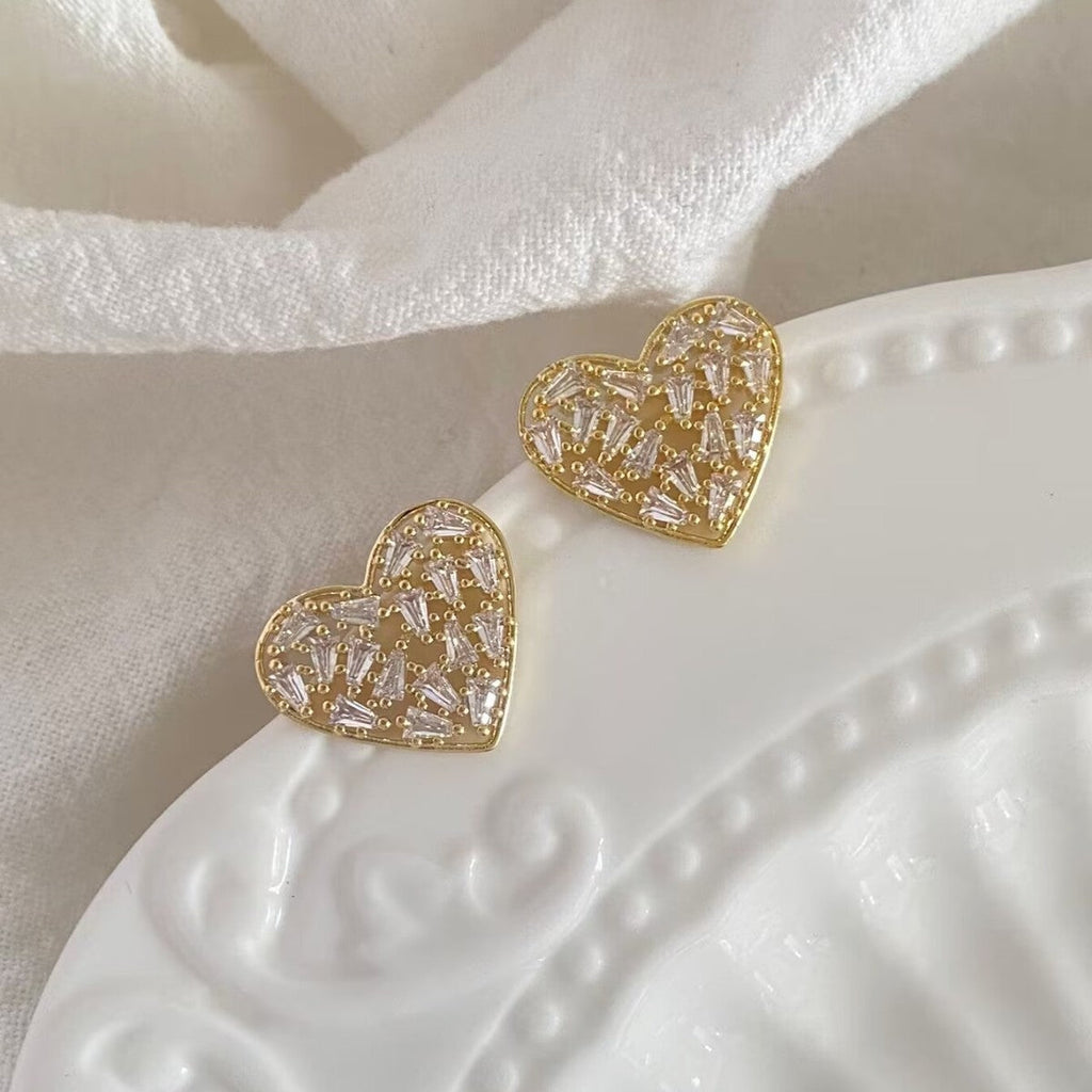 Baguette Heart Cubic Zirconia 18K Gold Anti Tarnish Stud Earring Bulk