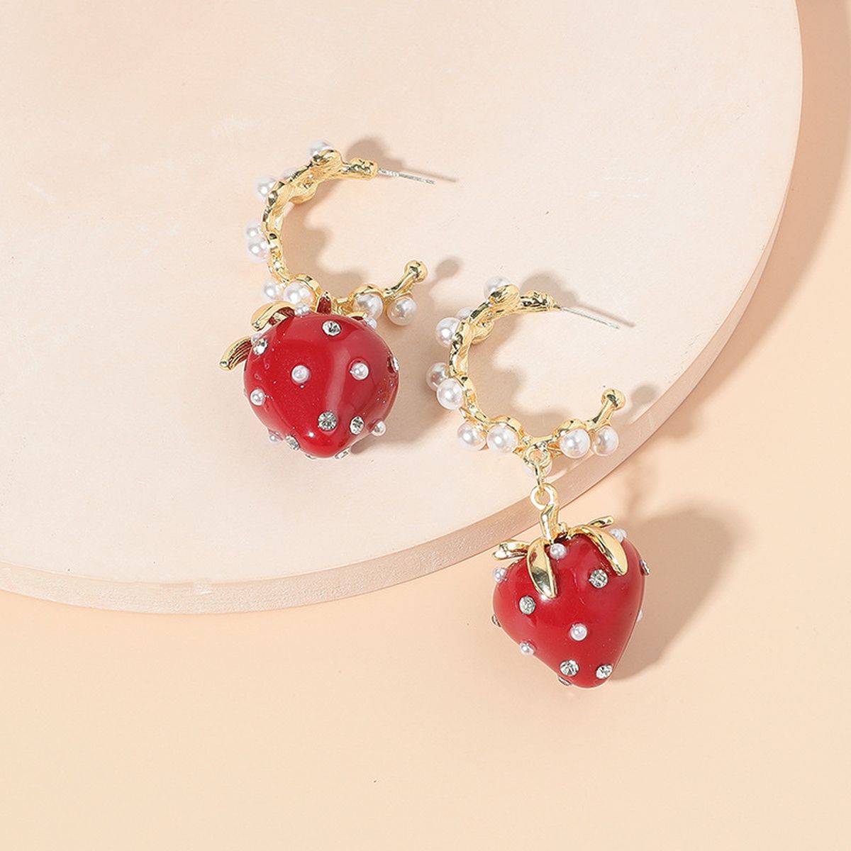 Strawberry Cubic Zirconia Pearl 18K Gold Red Anti Tarnish Hoop Dangler Earring For Women Main image