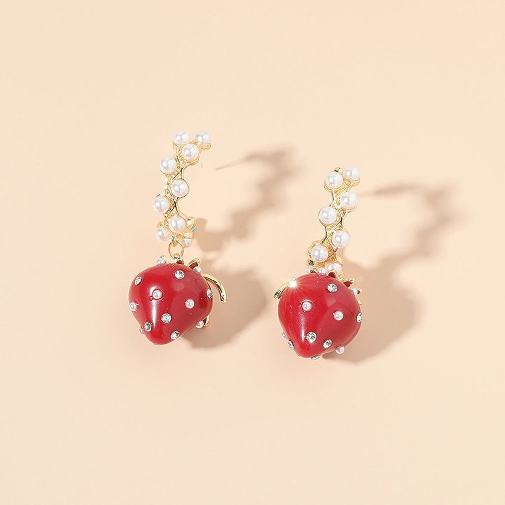 Strawberry Cubic Zirconia Pearl 18K Gold Red Anti Tarnish Hoop Dangler Earring For Women
