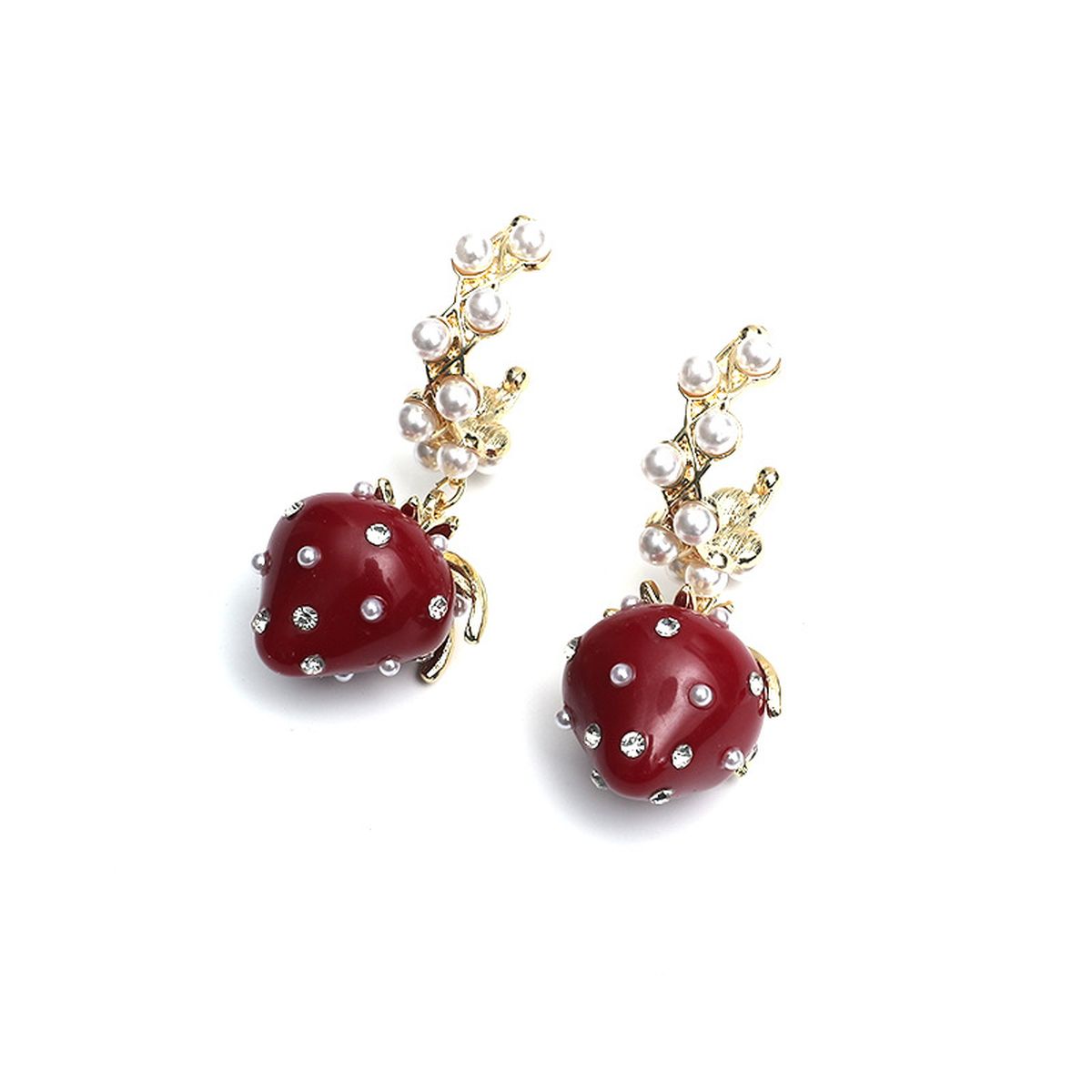 Strawberry Cubic Zirconia Pearl 18K Gold Red Anti Tarnish Hoop Dangler Earring For Women