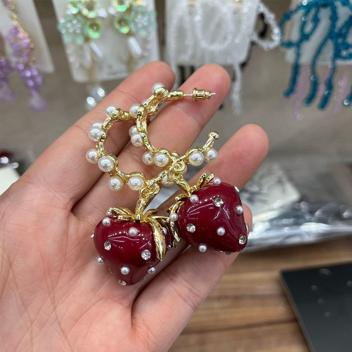 Strawberry Cubic Zirconia Pearl 18K Gold Red Anti Tarnish Hoop Dangler Earring For Women