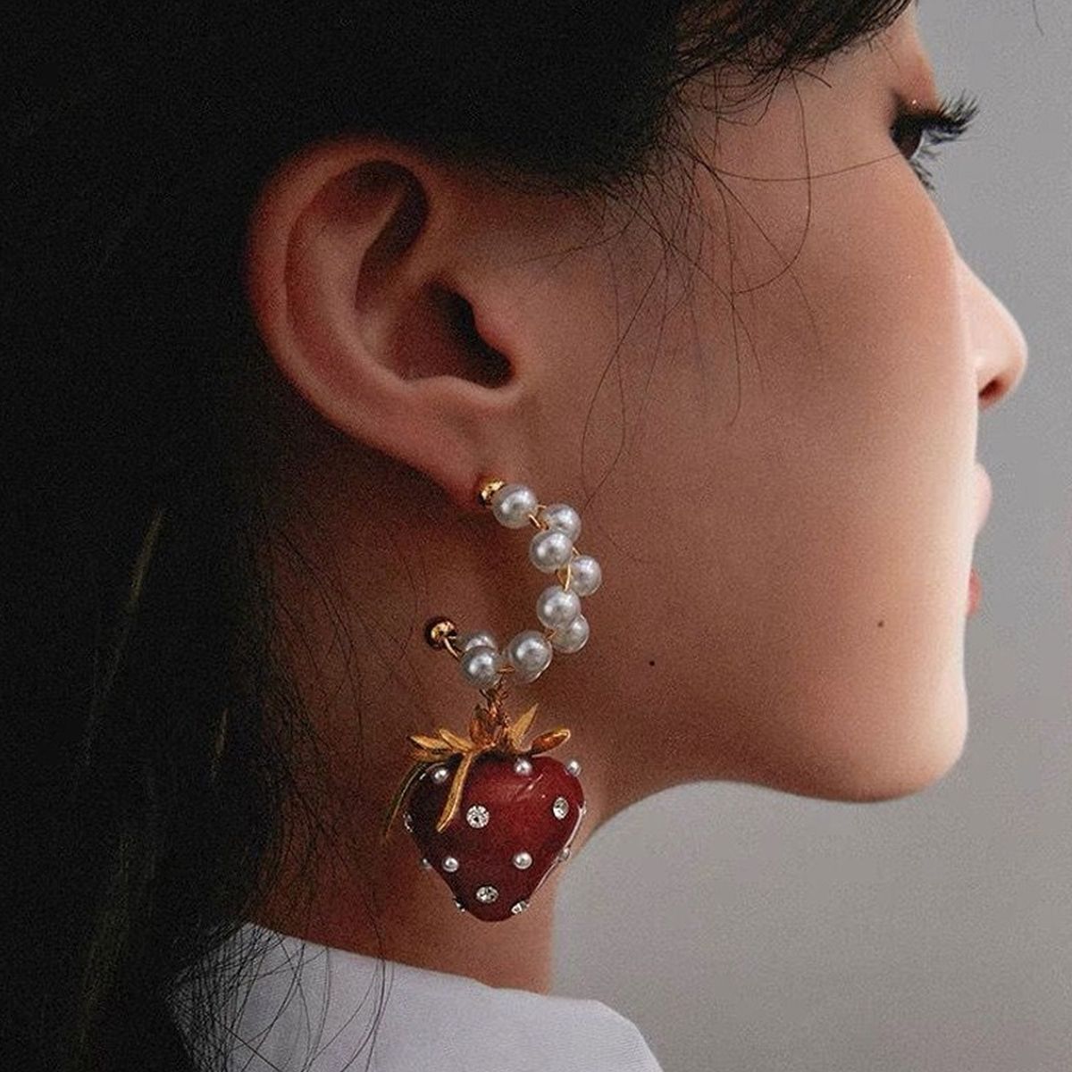 Strawberry Cubic Zirconia Pearl 18K Gold Red Anti Tarnish Hoop Dangler Earring For Women Secondary image
