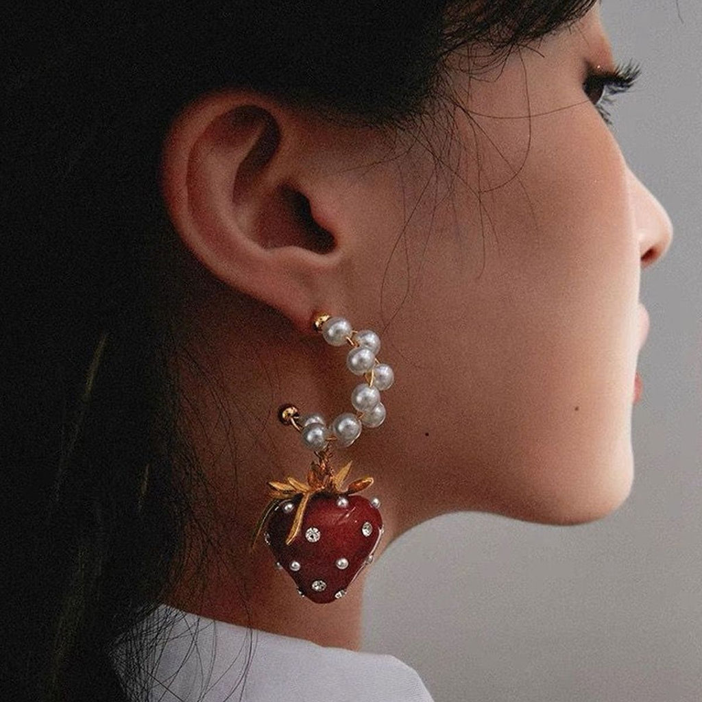 Strawberry Cubic Zirconia Pearl 18K Gold Red Anti Tarnish Hoop Dangler Earring For Women