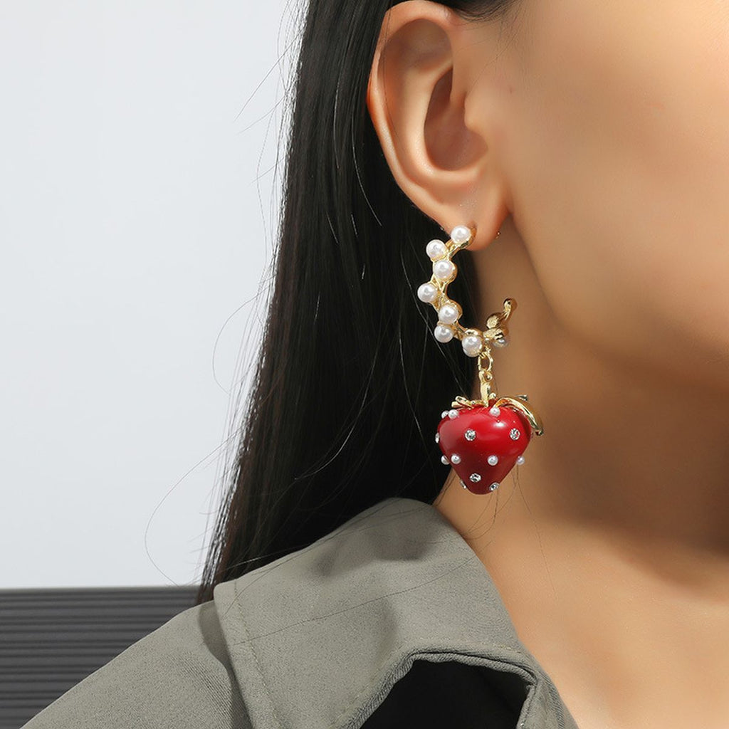 Strawberry Cubic Zirconia Pearl 18K Gold Red Anti Tarnish Hoop Dangler Earring For Women