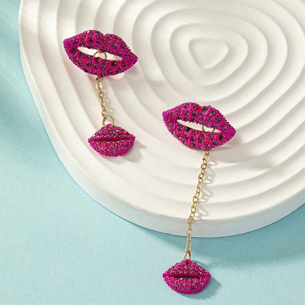 Lips 18K Gold Pink Crystal Tassel Dangler Earring For Women Bulk