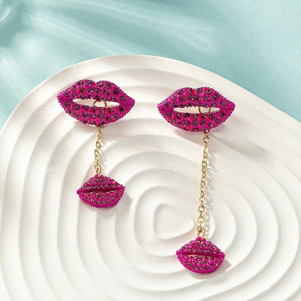 Lips 18K Gold Pink Crystal Tassel Dangler Earring For Women Bulk
