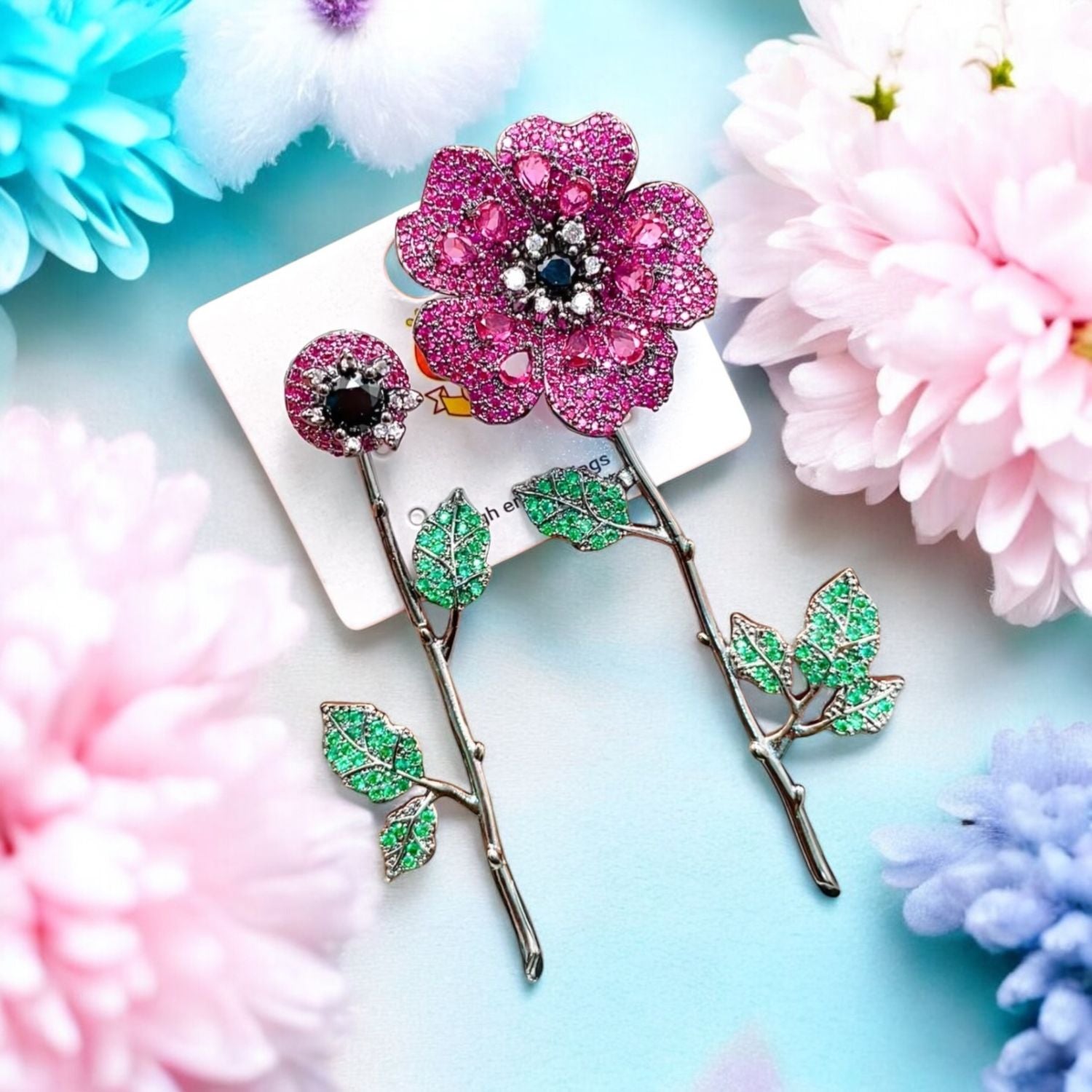 Flower Silver Pink Gold Cubic Zirconia Crystal Anti Tarnish Tassel Dangler Mismatch Earring For Women Secondary image