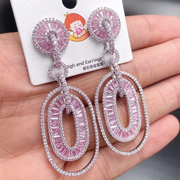 Oval Baguette Silver Pink Crystal CZ Anti Tarnish Dangler Earring Bulk Main image