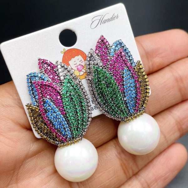 Rainbow Flower Silver Multi White Crystal Pearl Anti Tarnish Dangler Earring For Women Main image