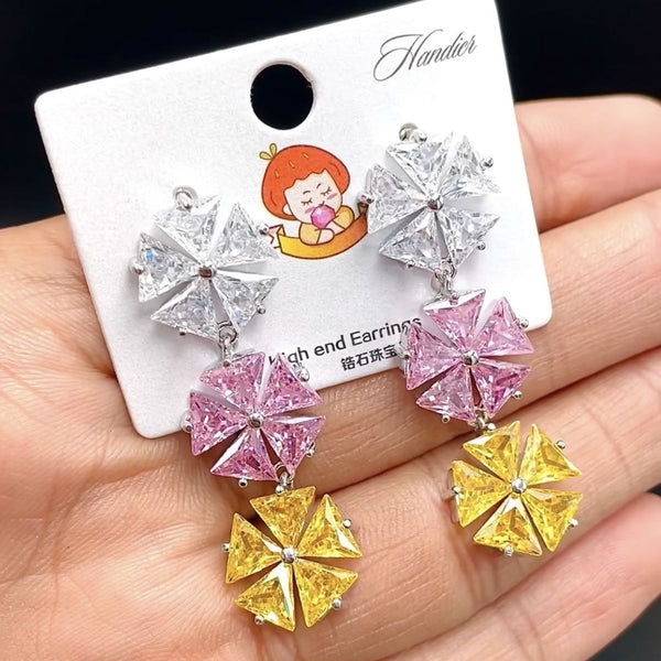 Triangle Solitaire Flower Silver Multi Crystal Cubic Zirconia Anti Tarnish Dangler Earring For Women Main image