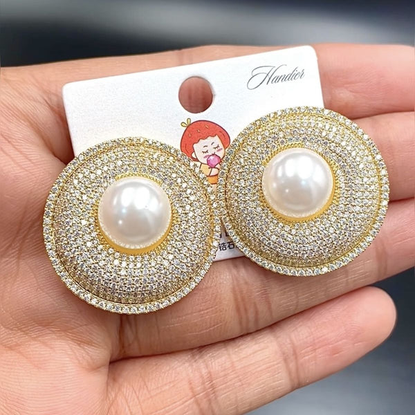 Round 18K Gold White CZ Pearl Anti Tarnish Stud Earring Bulk Main image