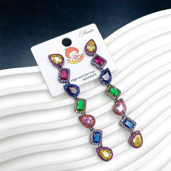 Rainbow Geometric Solitaire Black Multi Crystal Anti Tarnish Tassel Dangler Earring For Women Main image