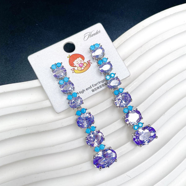 Oval Solitaire Silver Blue Crystal Anti Tarnish Tassel Dangler Earring For Women Main image